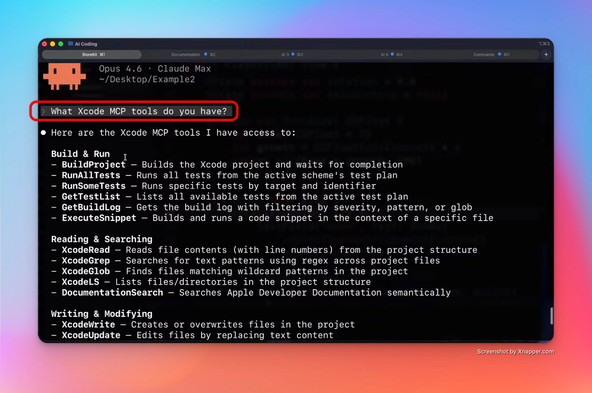 Claude listing available Xcode MCP tools