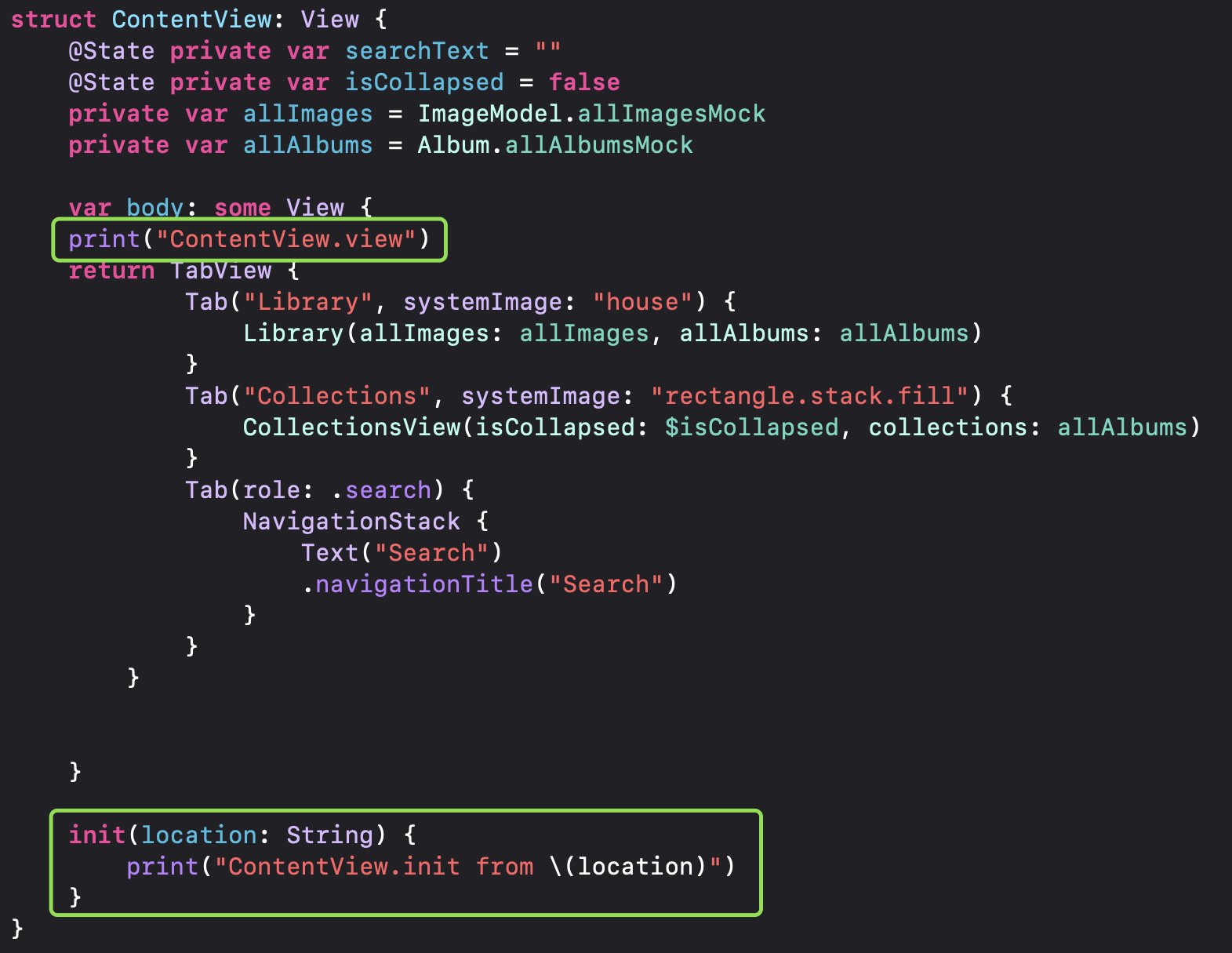 Adding a print statement inside var body: some Scene in the @main struct