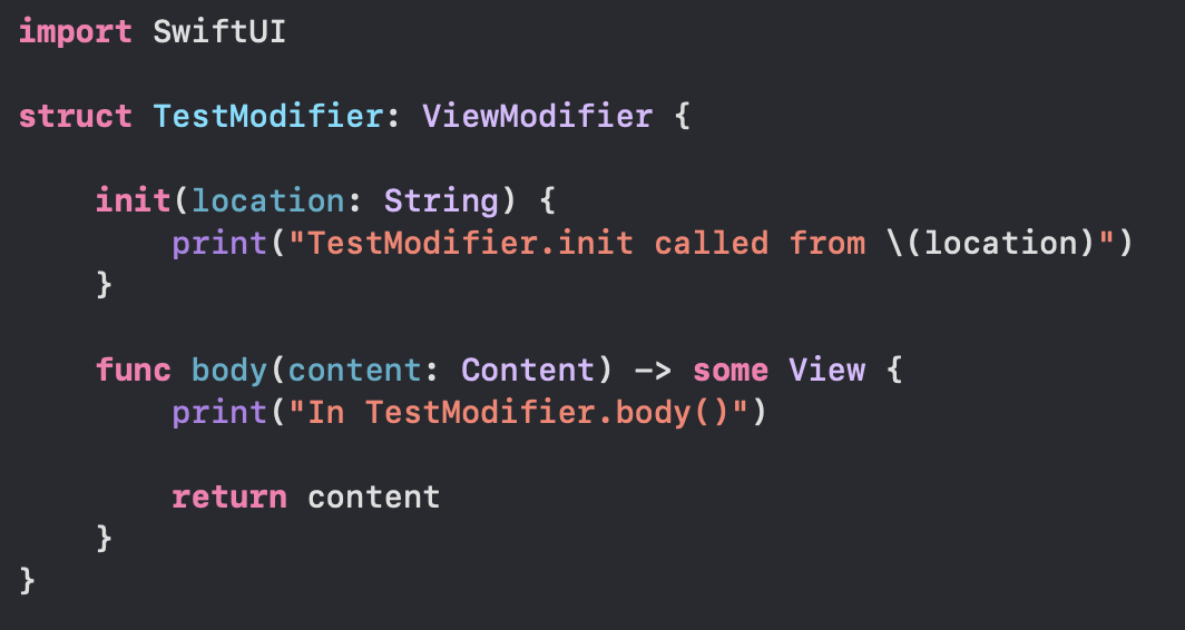 Custom ViewModifier struct with a print in its body method