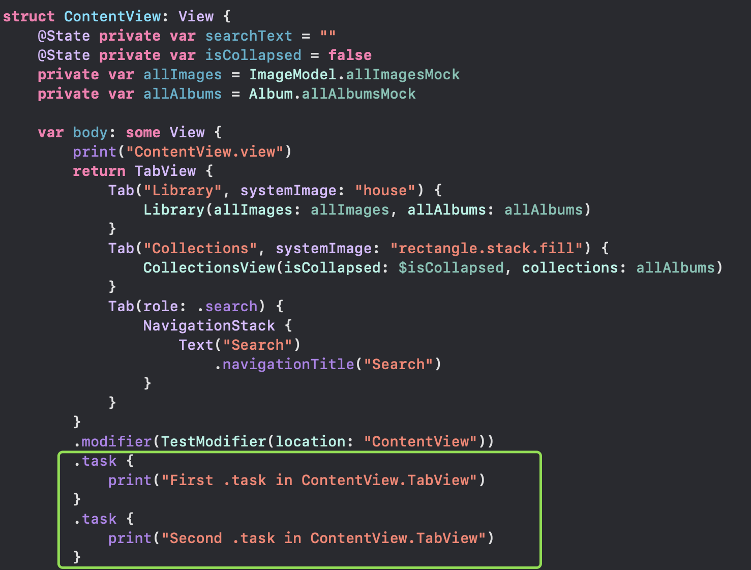Two .task modifiers on a SwiftUI view with print statements inside each