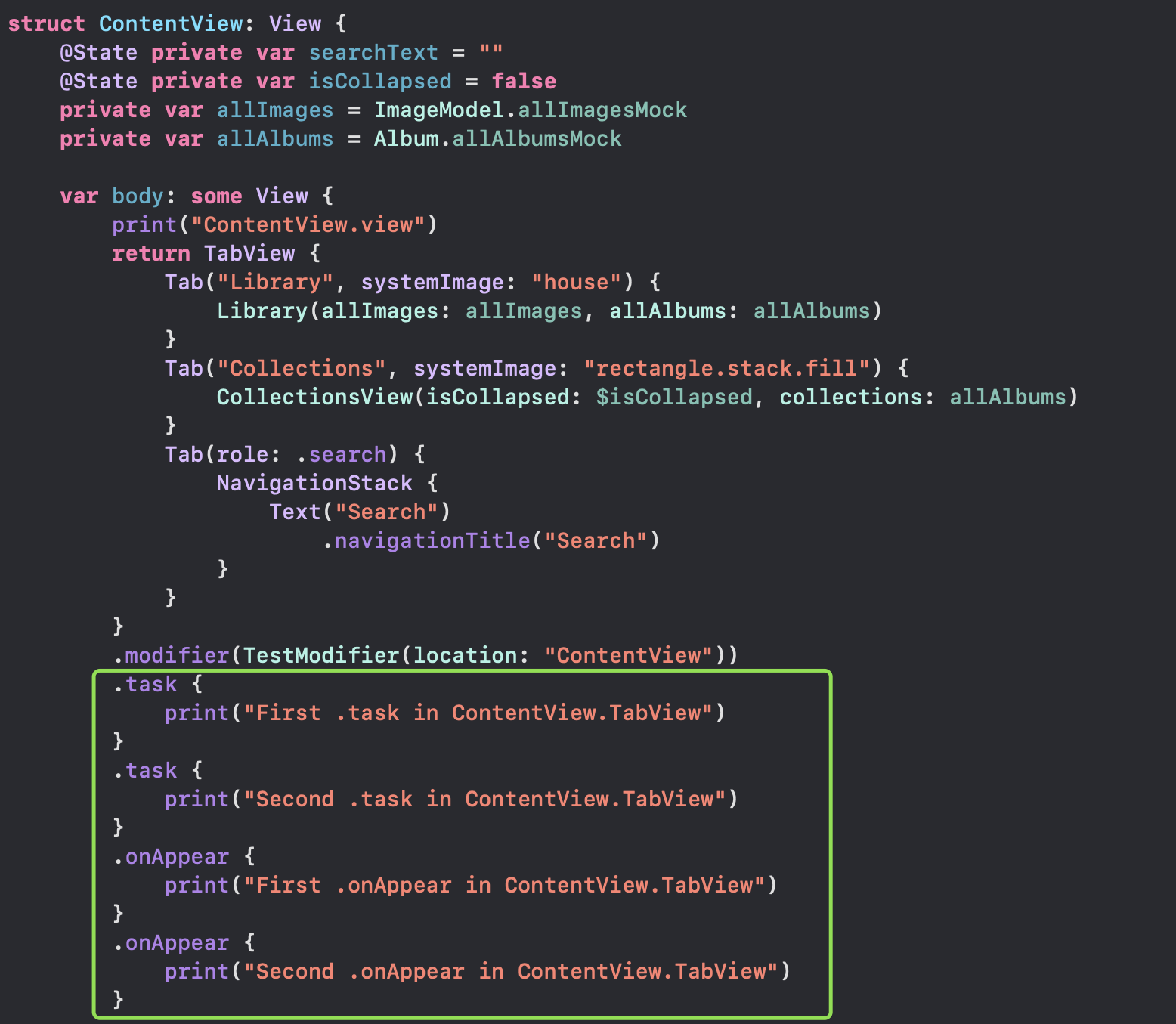 Two .onAppear modifiers on a SwiftUI view with print statements inside each