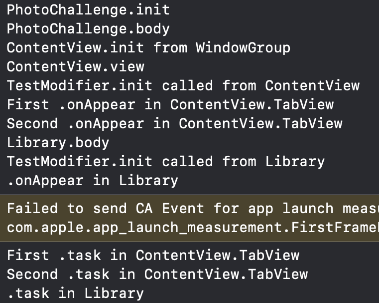 Final Xcode console output showing the full SwiftUI lifecycle event order